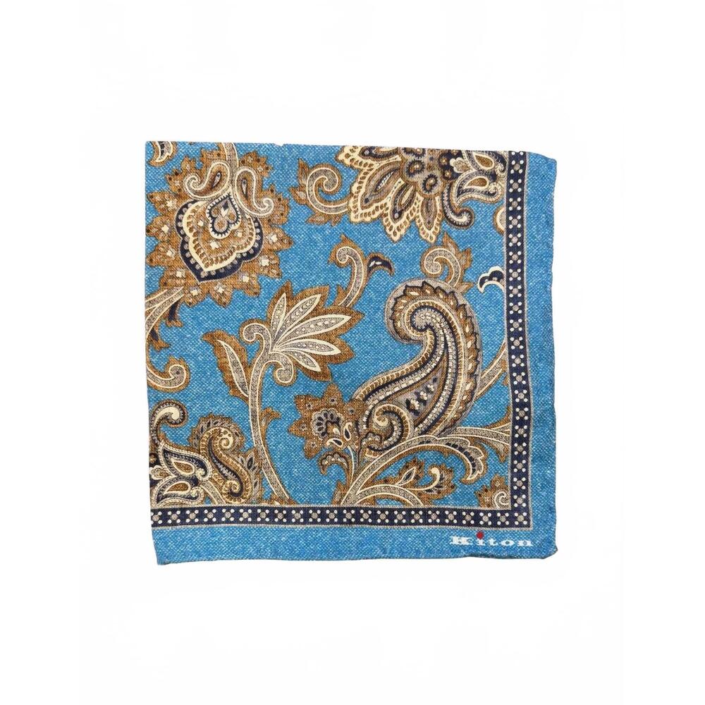 NEW KITON silk paisley pocket square in blue/khaki